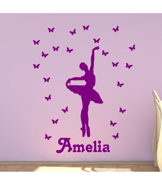 Ballerina and butterfly personalised girls bedroom wall sticker kit, balletline decal.