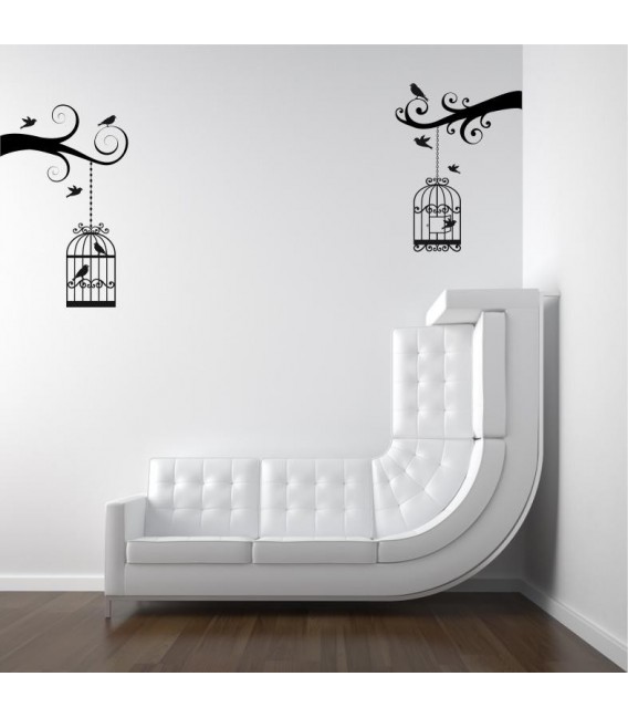 Twin birds cages wall art stickers, wall art decal for bedroom.