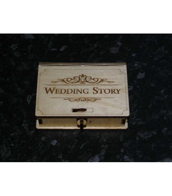 Engraved wooden wedding story USB stick memories box.